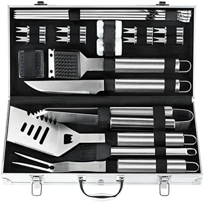 POLIGO 22PCS Heavy Duty BBQ Grill Accessories Set, Non-Slip Grill Tools for Outdoor Grill Set Stainless Steel Grill Utensils Set, Deluxe Grilling Tools Set in Aluminum Case Ideal Gifts for Men Silver