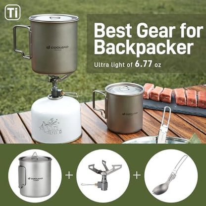 Odoland Titanium Camping Cookware 750ML Titanium Pot with Camping Stove and Spork Portable Pot for Backpacking, Hiking, Traveling and Picnic