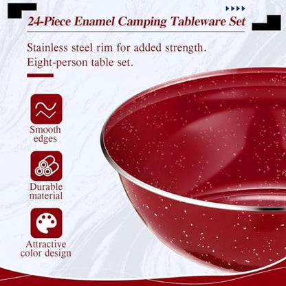 Nuogo 24 Pcs Camping Dinnerware Enamel Mugs Plates Bowls Utensils, Red