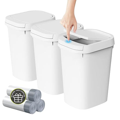 3 Pack Bathroom Small Trash Can with Lid, 2.6 Gallon Slim Garbage Bin with Pop-Up Lid, 10L Plastic Wastebasket for Bedroom, Office, Kitchen, Toilet (White)