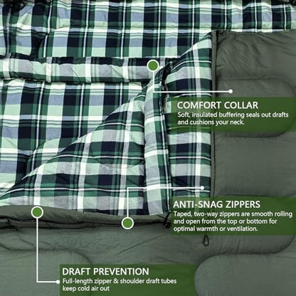 0 Degree Double Sleeping Bag for Adults Queen Size 2 Person Sleeping Bag for Cold Weather with Compression Sack for Car Camping, Hunting and Tent Camp