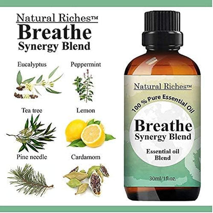 Natural Riches Breathe Essential Oil Blend Breathe Easy with Peppermint Eucalyptus Tea Tree Lemon Cardamom Pine Needle Essential Oils - 2 x 30 ml
