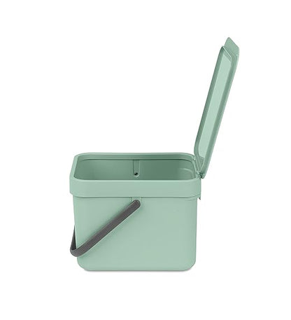 Brabantia Sort & Go Food Trash Can (1.6 Gal/Jade Green) Small Countertop Kitchen Compost Caddy with Handle & Removable Lid, Easy Clean, Fixtures Included for Wall/Cupboard Mounting