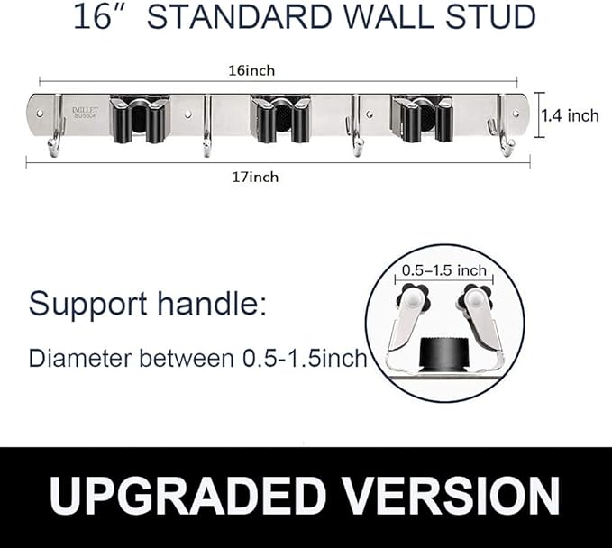 IMILLET Broom and Mop Holder Wall Mounted, Stainless Steel Broom Holder Mop Holder Self Adhesive Heavy Duty Hooks Storage Organizer for Home Laundry Room Garden Garage（3 Racks with 4 Hooks）
