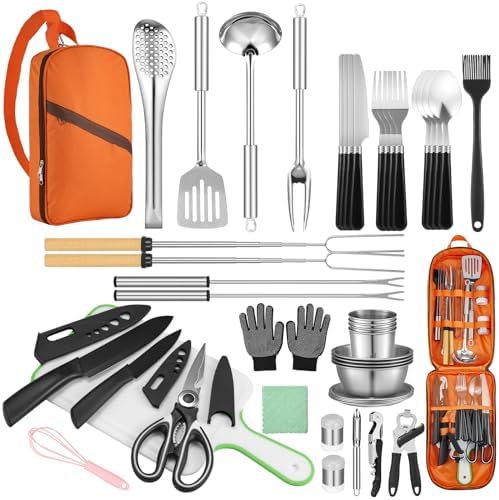 Hozzen Camping Cooking Set - Camping Utensil Set Car Camping Cooking Essentials Gear for Camp Kitchen Cooking and Grilling, Stainless Steel & Silicone Ideal Gift for RV Tent Camper, Picnics, BBQs