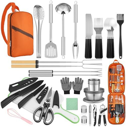 Hozzen Camping Cooking Set - Camping Utensil Set Car Camping Cooking Essentials Gear for Camp Kitchen Cooking and Grilling, Stainless Steel & Silicone Ideal Gift for RV Tent Camper, Picnics, BBQs