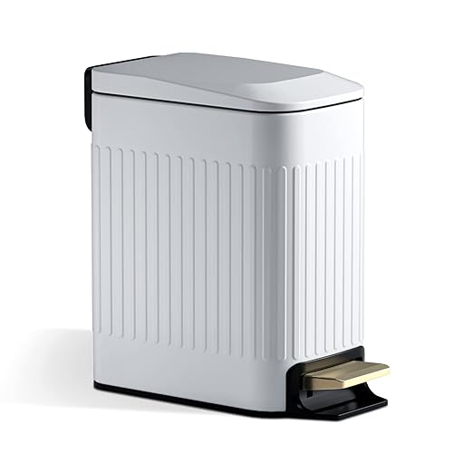 CEROELDA Small Bathroom Trash Can with Lid Soft Close-5L/1.3 Gal Slim Garbage Can-Metal Step Wastebasket-Rectangle Narrow Waste Bin for Office, Bedroom, Toilet, Live Room (Embossed-White)