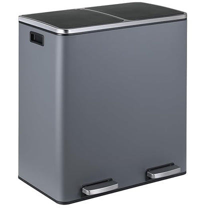 16 Gallon Rectangular Stainless Steel Trash Can, Dual Compartment Garbage Bin with Recycling Combo, Metal Dustbin Lid, Removable Liner, Indoor Hands Free Waste Bucket for Kitchen Home