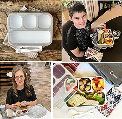 Bento-Box with Lunch Bag and Ice Pack Set. Containers for Kids Adults Boys Girls Snacks and Lunches. 4 Compartments, Divided Portion Container Boxes with Insulated Bags for School, Grey