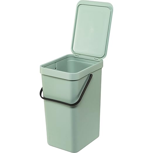 Brabantia Sort & Go Kitchen Recycling Can (4.2 Gal/Jade Green) Stackable Waste Organiser with Handle & Removable Lid, Easy Clean, Fixtures Included for Wall/Cupboard Mounting