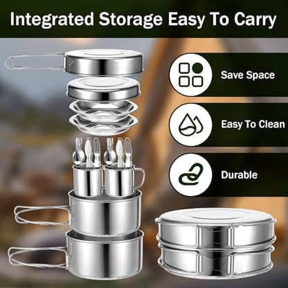 JJUNW 14Pcs Stainless Steel Camping Cookware Set, Lightweight Compact Camping Pots Pans Set with Cups Plates Forks Knives Spoons for Backpacking Camping-Cooking Hiking and Picnic