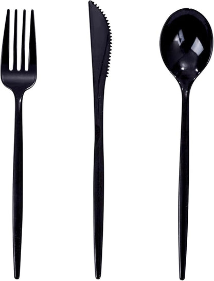 PULOTE 150PCS Black Plastic Silverware Set Disposable - Heavy Duty Black Plastic Cutlery - Black Plastic Utensils Set Include 50 Forks,50 Spoons,50 Knives for Party&New Year