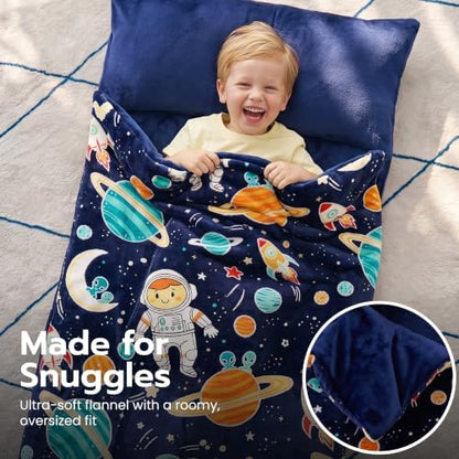 JOIEDOMI Toddler Sleeping Bag for Kids 66''x33'' Glow in The Dark Kids Sleeping Bag with Pillow for Boys and Girls Ages 3+ Soft Flannel Toddler Nap Mat for Preschool Daycare Sleepover