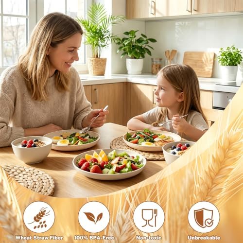 Wheat Straw Dishes Set Service for 8, Reusable Plastic Dinnerware Set 32 PCS, Kitchen Plates and Bowls sets, Unbreakable Microwave and Dishwasher Safe Camping Dishes for RV, Outdoor - Beige