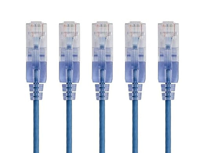 Monoprice SlimRun Cat6A Ethernet Patch Cable - Network Internet Cord - RJ45, Stranded, UTP, Pure Bare Copper Wire, 30AWG, 0.5 Feet, Blue, 5-Pack