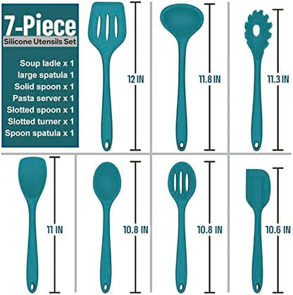 Silicone Cooking Utensils Set, E-far 7-Piece Blue Heat Resistant Kitchen Utensils Set, Kitchen Nonstick Tools Spatula Ladle Spoon Pasta Server for Non-stick Cookware, Non-Toxic & Dishwasher safe
