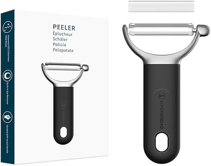 KITCHENDAO Swivel Vegetable Potato Peeler for Kitchen, Japanese Stainless Steel Sharp Blade, Heavy Duty Die-cast Construction Y Peeler, Built-in Eye Remover, Soft-touch Handle, Dishwasher Safe, Black