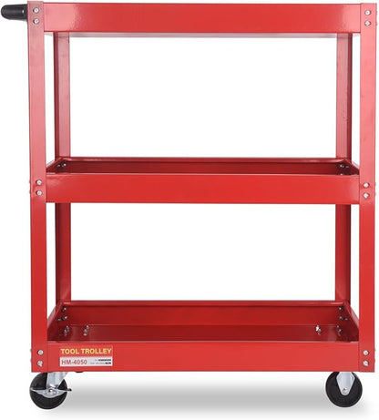 3-Tier Commercial Utility Cart with Brake Wheels, Sturdy Steel Construction, 110 lbs Capacity, Red
