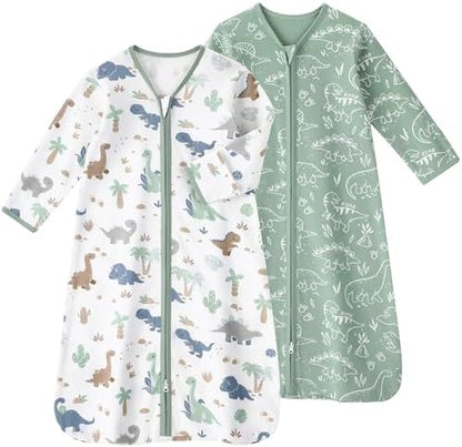 Baby Sleep Sack 6-12 Months, Long Sleeve Baby Wearable Blanket 0.5 Tog with Mittens, 2-Way Zipper Infant Cotton Sleeping Sack for Boy and Girl Green Dinosaur 2 Pack (Medium)