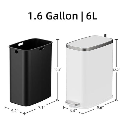 Stainless Steel Bathroom Trash Can with Lid Soft Close,1.6 Gallon Slim Garbage can,Small Metal Step Wastebasket for Office, Bedroom, Toilet, White
