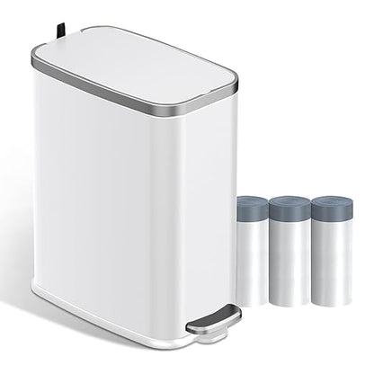 Stainless Steel Bathroom Trash Can with Lid Soft Close,1.6 Gallon Slim Garbage can,Small Metal Step Wastebasket for Office, Bedroom, Toilet, White