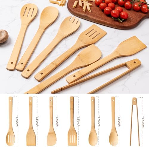 Eisinly 7-Piece Wooden Cooking Spoons, Polished Bamboo Utensil Set