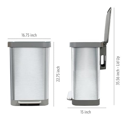 Glad Stainless Steel Step Trash Can, Series 2 with Clorox Protection - Large Metal Kitchen Garbage Bin with Soft Close Lid, Foot Pedal and Waste Bag Roll Holder, 13 Gallon
