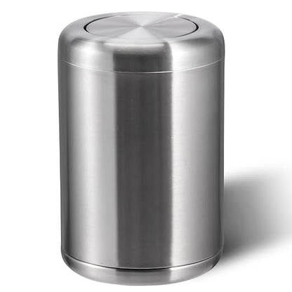 Waste Can 3 Gallon with Swing Lid，Brushed Stainless Steel Trash Can，Metal Cylindrical Garbage Can，Brass Wastebasket Bin for Bathroom,LivingRoom,Office,Kitchen,Bedroom,Hotel (Sliver)