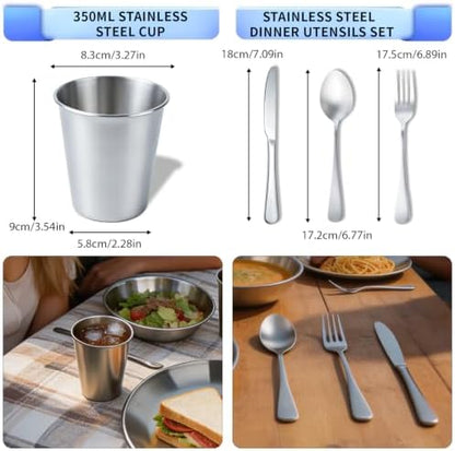 Stainless Steel Outdoor Camping Dishes Mess Kit Set, Plates Bowls Forks Spoons Knives Combo with Carry Bag for Travel Backpacking Hiking and Picnic(4 Sets)