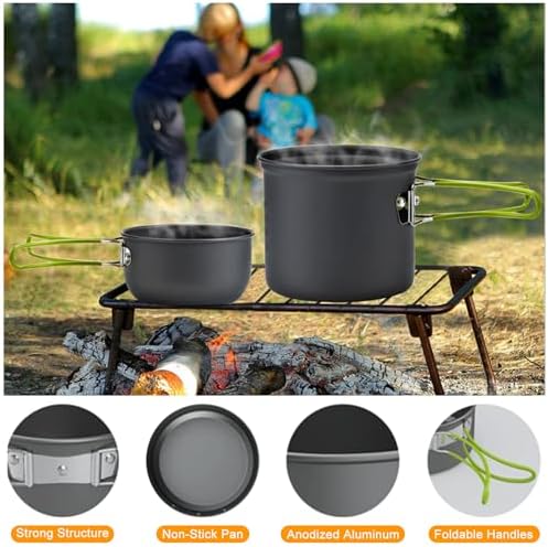 Camping Cookware Mess Kit Backpacking Pot Gear Camping Cooking Pots and Pans Set Camp Kitchen Equipment Accessories Green