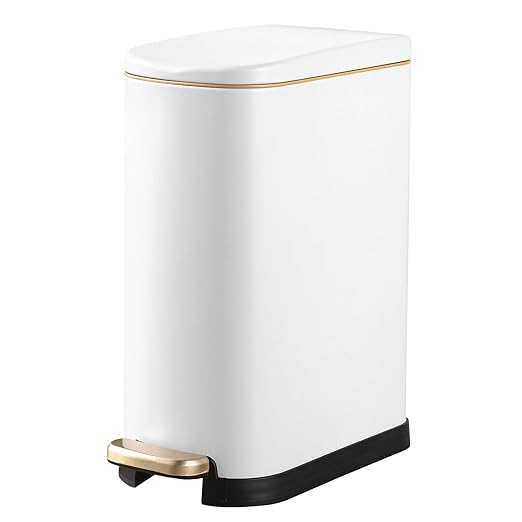 Bathroom Trash Can with Soft-Close Lid 3.5 Gallon Stainless Steel Garbage Can with Removable Inner Bucket Slim Trash Bins for Bedroom, Office(Matte White)