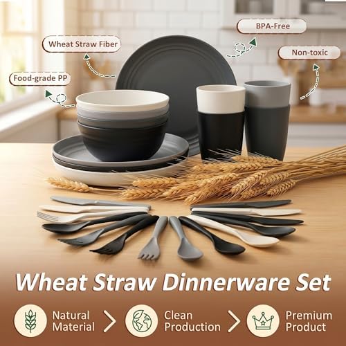 Kids Plates and Bowls Sets, Wheat Straw Dinnerware Sets(BlackBeige)