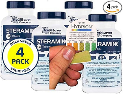 Pack of 4 (600 Tab) Steramine Sanitizing Tablets w/ 30x QT-10 Test Strips by FryOilSaver Co., Steramine Multi Purpose Contact Solution Sanitizer Tablets for Gym, Hotel, Bar, Restaurants & Food Service