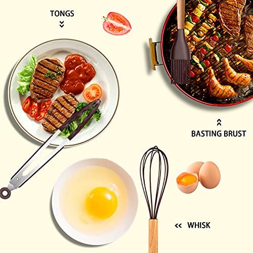 MIBOTE Silicone Cooking Kitchen Utensils Set, Wooden Handle, Coffee