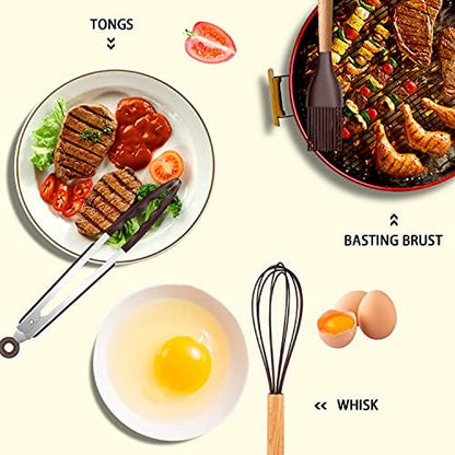 MIBOTE Silicone Cooking Kitchen Utensils Set, Wooden Handle, Coffee