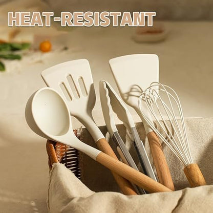 Umite Chef Kitchen Cooking Utensils Set, 33 pcs Non-stick Silicone Cooking Kitchen Utensils Spatula Set with Holder, Wooden Handle Silicone Kitchen Gadgets Utensil Set (Cream White)