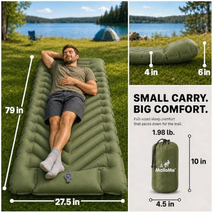 MalloMe Sleeping Pad for Camping, Camping Mattress - Bed for Outdoors Built-in Foot Pump Air Mattress for Backpacking Leak-Resistant Inflatable Travel Mat Compact Ultralight Single & Double