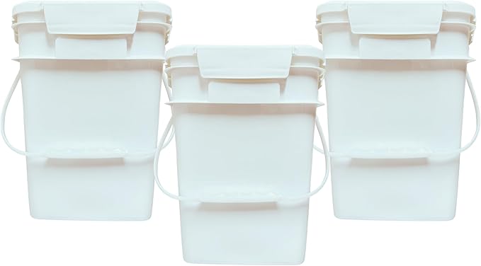 House Naturals 4 Gallon Square Food Grade Bucket Pail with Plastic Handles and Lid (Pack of 3) Made in USA containers (White)