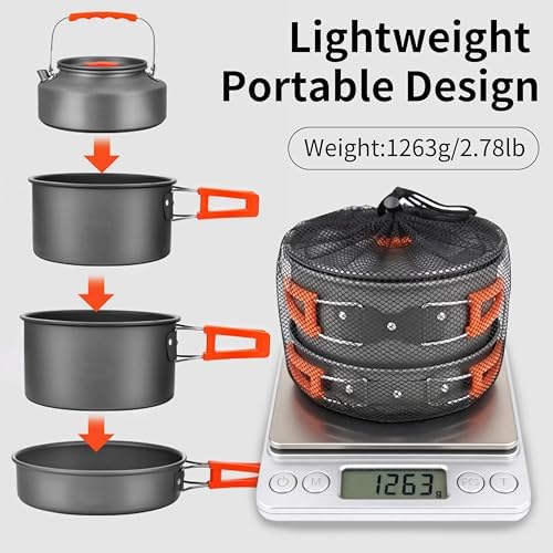 Collapsible Camping Cookware Set, Portable 4-in-1 Outdoor Camping pots and Pans Set with Nonstick Frypan, Pot, Kettle & Carry Bag, Hard-Anodized Aluminum for Camping, Hiking (2-6 Person)