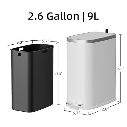 KUK Slim Bathroom Trash Can with Lid Soft Close, Step Pedal, 2.6 Gal/ 10L Stainless Steel Garbage Can with Removable Inner Bucket, Anti-Fingerprint Wastebasket for Office, Bedroom, Toilet (White)