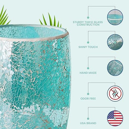 Escenzy Modern Bathroom Trash Can Mosaic Glass 5L | 7" x 10" | Decorative Small Garbage Can | Luxury Waste Basket for Restroom, Office, Bedroom & Kitchen | Shiny Turquoise Green Bathroom Accessories