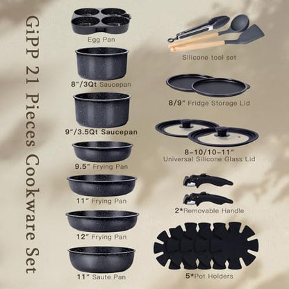 GIPP Pots and Pans Set Non Stick,Kitchen Cookware Set Detachable Handle, Non Toxic Cooking Pan Set with Frying Pans Set,RV Cookware Sets for All Stoves, Dark Grey, 21PCS