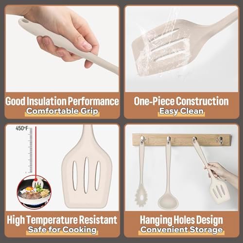 E-far Silicone Cooking Utensils Set, 7-Piece Khaki Heat Resistant Kitchen Utensils Set, Kitchen Nonstick Tools Spatula Ladle Spoon Pasta Server for Non-stick Cookware, Non-Toxic & Dishwasher safe