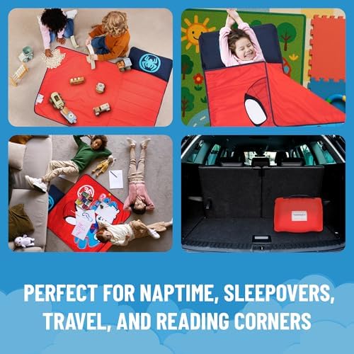 Jay Franco Kids Nap Mat with Embedded Pillow & Blanket – Soft 46"x20" Microfiber Sleeping Bag with Name Tag & Handle
