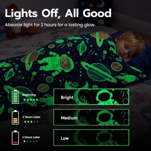 JOIEDOMI Toddler Sleeping Bag for Kids 66''x33'' Glow in The Dark Kids Sleeping Bag with Pillow for Boys and Girls Ages 3+ Soft Flannel Toddler Nap Mat for Preschool Daycare Sleepover