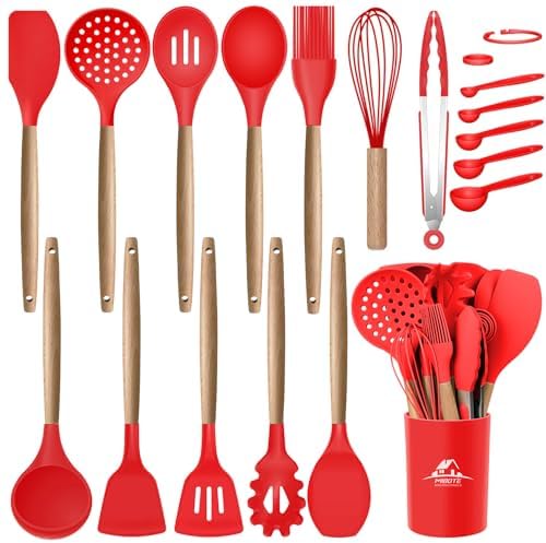 MIBOTE Silicone Cooking Kitchen Utensils Set, Wooden Handle, Red