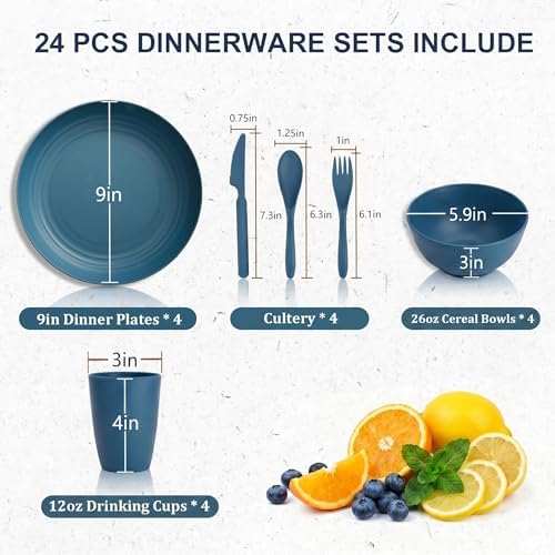 Dishes Set for 4, Unbreakable Plate and Bowl Set for 4 - Blue