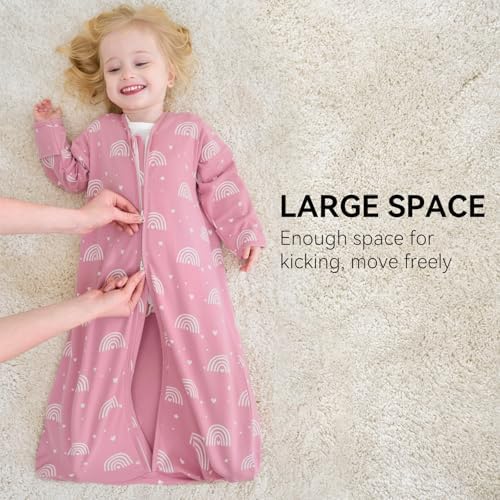 Baby Sleep Sack 6-12 Months, Long Sleeve Baby Wearable Blanket 0.5 Tog with Mittens, 2-Way Zipper Infant Cotton Sleeping Sack for Boy and Girl Pink Rainbow 2 Pack (Medium)