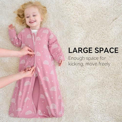 Baby Sleep Sack 6-12 Months, Long Sleeve Baby Wearable Blanket 0.5 Tog with Mittens, 2-Way Zipper Infant Cotton Sleeping Sack for Boy and Girl Pink Rainbow 2 Pack (Medium)