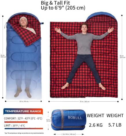 Winter Flannel Sleeping Bags XL for Big & Tall Adults, Cold Weather Camping